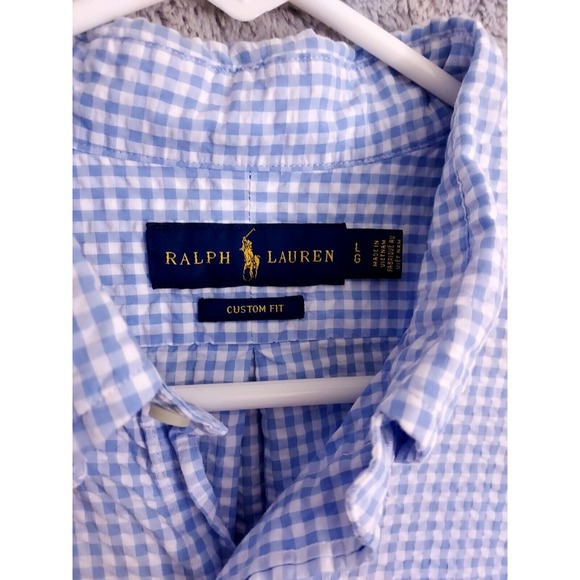Polo Ralph Lauren Shirt Mens Large Seersucker Gingham Plaid Blue Oxford Custom L - Picture 3 of 8